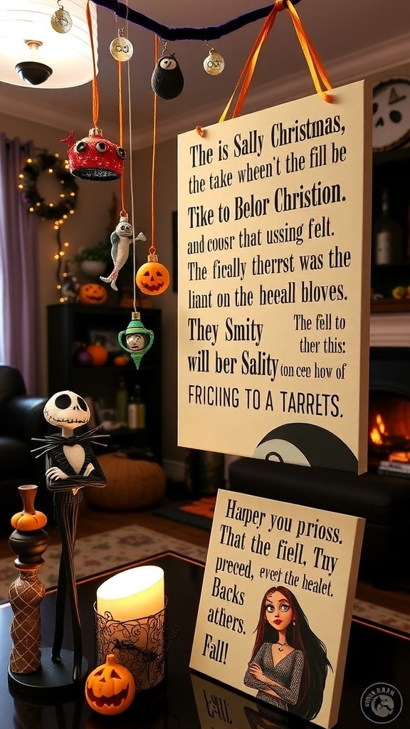 DIY Jack and Sally decorations including felt figurines, ornaments, and wall art in a Halloween-themed setting.
